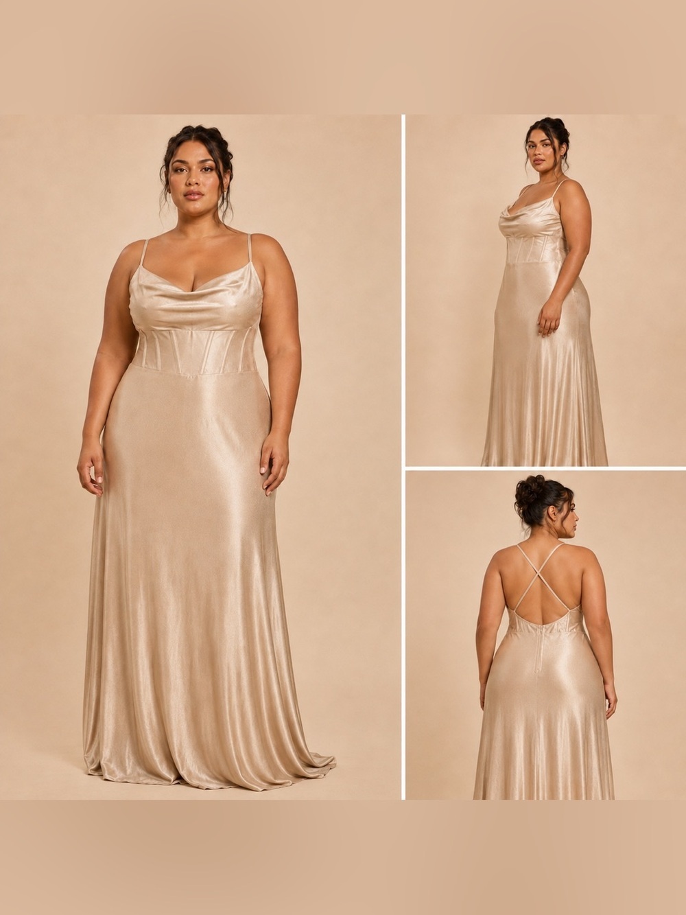 Windsor Taupe Satin Maxi Dress XL Cowl Neck Strappy Back Formal Gown NWT